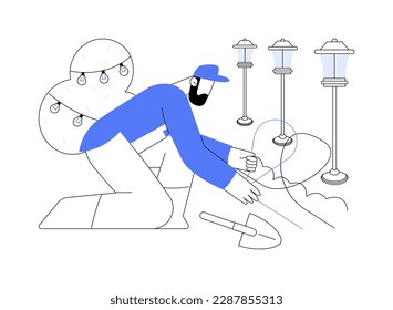 Laying out outdoor lighting abstract concept vector illustration. Contractor laying wires for outdoor landscape lighting, exterior works, bury the electrical cable abstract metaphor.