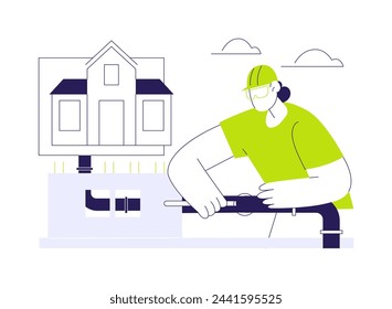 Laying pipes abstract concept vector illustration. Man deals with water supply lines, sewer lines, drainage system installation, excavation works, construction process abstract metaphor.