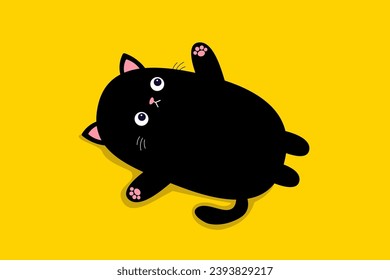 Laying sad cat. Funny face head. Pink paw print, cheeks. Cute black kitten. Cartoon baby character. Funny kawaii animal. Pet collection. Sticker print. Flat design. Yellow background. Isolated. Vector