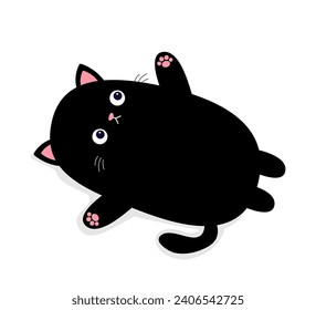 Laying sad cat. Pink paw print, cheeks. Funny face head. Cute black kitten. Cartoon baby character. Funny kawaii animal. Pet collection. Sticker print. Flat design. White background. Vector