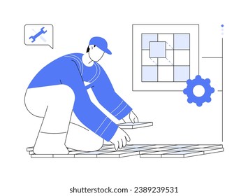 Laying tiles abstract concept vector illustration. Builder in uniform laying tile floor, residential construction, professional repairman at job, porcelain and ceramic surface abstract metaphor.
