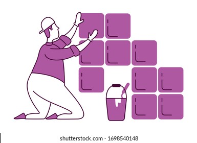 Laying tiles flat silhouette vector illustration. Professional laborer at work. Handyworker in uniform. Handyman 2D isolated outline character on white background. Home repairs simple style drawing