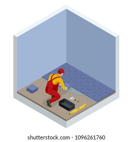 Laying tiles at home. Worker installing small ceramic tiles on bathroom floor and applying mortar with trowel. Isometric vector illustration.