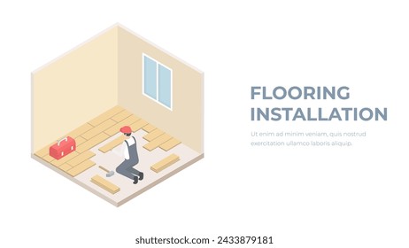 Laying tiles at home. Worker installing small ceramic tiles on bathroom floor and applying mortar with trowel. Isometric vector illustration.