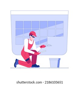 Laying tiles isolated concept vector illustration. Builder in uniform laying tile floor, residential construction, professional repairman at job, porcelain and ceramic surface vector concept.