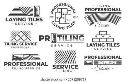 Laying tiles logo set isolated on white background. Vintage labels of interior design of house, apartment, office. Vector illustrations floor tile emblem