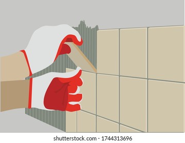 Laying tiles vector illustration repair work gloved hands