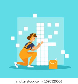 Laying tiles. Worker woman installing ceramic tiles on bathroom wall. Flat vector illustration in cartoon style.