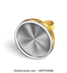 Laying Yellow Metallic Impression Stamp Vector. Clerk Circular Business Stamp Equipment For Make Mark Validation On Official Checklist Or Document. Template Realistic 3d Illustration