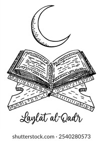 Celebración de Laylat Al Qadr. Bosquejo dibujado a mano del libro sagrado del Corán en el estrado describe la Noche de Lailatul Qadr para Ramadán Kareem, Eid al Fitr y Eid Al Adha Celebrando.