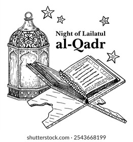 Celebración de Laylat Al Qadr. Bosquejo dibujado a mano del libro sagrado del Corán en el estrado y la linterna describen la Noche de Laylatul Qadr para Ramadán Kareem, Eid al Fitr y Eid Al Adha Celebrando.