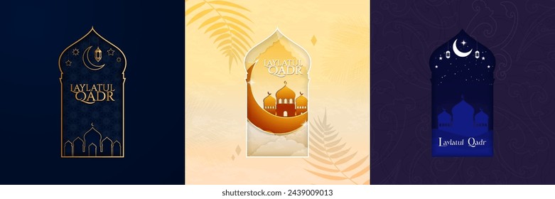 Laylat al-Qadr Artwork Illustration Greeting Cards. Laylatud Qadr Posters. Religious imagery through Mosque Windows. Mosque in the night with bright crescent moon. Vector. EPS 10.