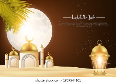 Laylat Al-Qadr (Night of Decree or Determination) background, desert sunny atmosphere at night, bright moon, lamp lantern and mosques.