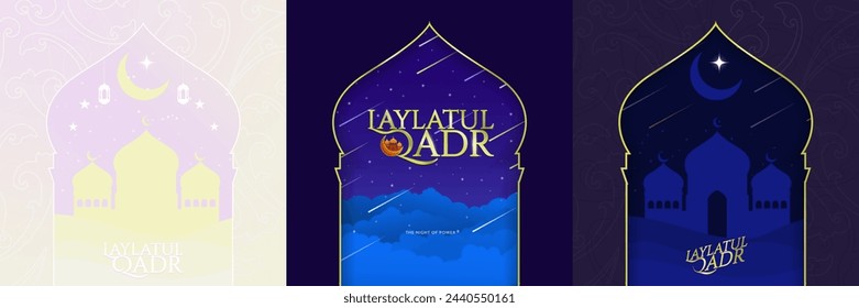 Laylat al-Qadr Poster Cards. Religious imagery through Mosque Windows. Meteor shower in the night with golden calligraphic Laylatul Qadr typographic design. Vector Illustration. 