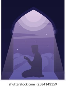 Laylatul Qadr poster, laylat al-Qadr background. Illustration of a Muslim man praying, with beautiful moonlight and stars