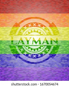 Layman emblem on mosaic background with the colors of the LGBT flag