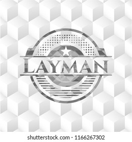 Layman realistic grey emblem with geometric cube white background