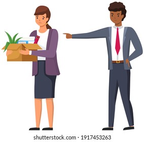 Layoff concept. Angry man boss dismissed employee. Unhappy girl leave the office with things in box. Unemployment dismissal of fellow workers. Crisis, jobless and employee job reduction concept