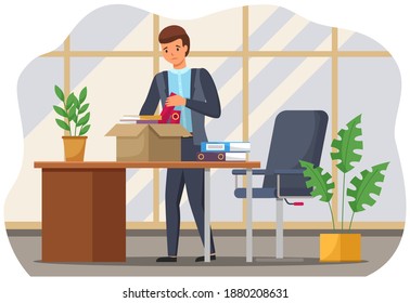 Layoff concept. Boss dismissed employee. Unhappy fired man leave the office with things in boxes. Unemployment dismissal of fellow workers. Crisis, jobless and employee job reduction concept