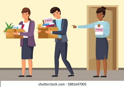 Layoff concept. Boss dismissed employee. Sad man and woman leave the office with things in boxes. Unemployment dismissal of fellow workers. Crisis, jobless and employee job reduction concept