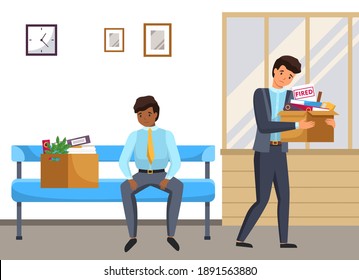 Layoff concept. Boss dismissed employee. Unhappy fired men leave the office with things in boxes. Unemployment dismissal of fellow workers. Crisis, jobless and employee job reduction concept