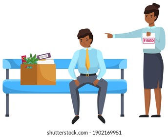 Layoff concept. Boss dismissed employee. Unhappy fired man leave the office with things in boxes. Unemployment dismissal of fellow workers. Crisis, jobless and employee job reduction concept