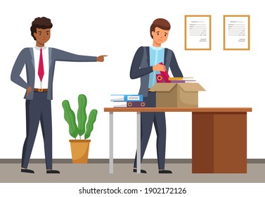 Layoff concept. Boss dismissed employee. Unhappy fired man leaves the office, drops things in a box. Unemployment dismissal of fellow workers. Crisis, jobless and employee job reduction concept