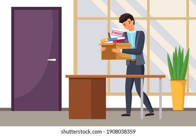 Layoff concept. Boss dismissed employee. Unhappy fired man leave the office with things in boxes. Unemployment dismissal of fellow workers. Crisis, jobless and employee job reduction concept