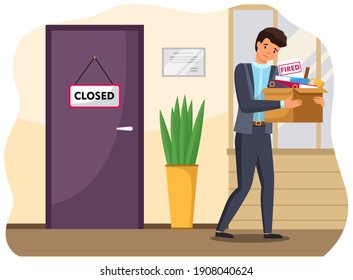 Layoff concept. Boss dismissed employee. Unhappy fired man leave the office with things in boxes. Unemployment dismissal of fellow workers. Crisis, jobless, employee standing near a closed door