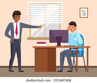 Layoff concept. Boss dismissed employee. Unhappy fired man sitting at workplace at a table with computer. Unemployment dismissal of fellow workers. Crisis, jobless and employee job reduction concept