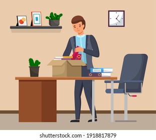 Layoff concept. Boss dismissed employee. Unhappy fired man leave the office with things in box. Unemployment dismissal of fellow workers. Crisis, conflict, jobless and employee job reduction concept