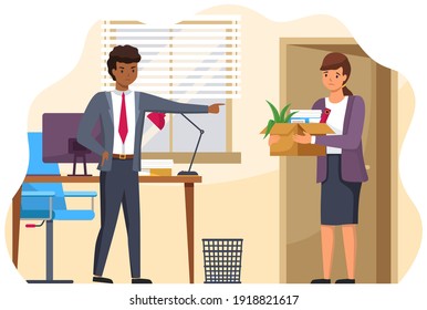 Layoff concept. Boss dismissed employee. Unhappy fired woman leave the office with things in box. Unemployment dismissal of fellow workers. Crisis, jobless and employee job reduction concept