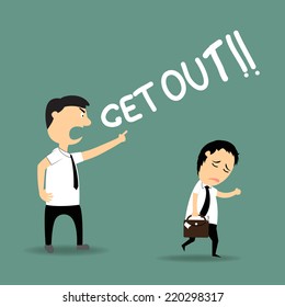 Layoff concept, cartoon boss dismissed employee, cartoon boss angry employee, vector illustration.
