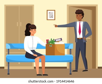 Layoff concept. Strict man boss dismissed employee. Unhappy girl leave the office with things in box. Unemployment dismissal of fellow workers. Crisis, jobless and employee job reduction concept