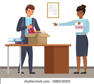 Layoff concept. Strict woman boss dismissed employee. Unhappy man leave the office with things in box. Unemployment dismissal of fellow workers. Crisis, jobless and employee job reduction concept