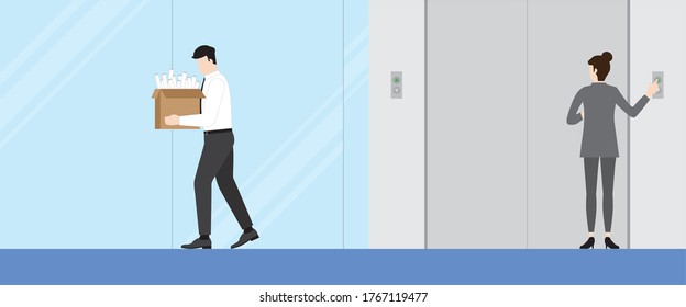 Layoff concept. Unemployed office man with his box of properties leaving from lift workplace. Job position lay-off economics crisis business failure and unemployment problem. Flat and minimal style.