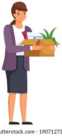 Layoff concept. Unhappy fired woman leave the office with things in box isolated on white background. Unemployment dismissal of fellow workers. Jobless, problems at work and in career, staff reduction