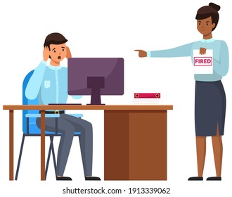 Layoff concept. Woman boss dismissed employee. Unhappy fired man sitting at workplace at a table with computer. Unemployment dismissal of fellow workers. Jobless and employee job reduction concept