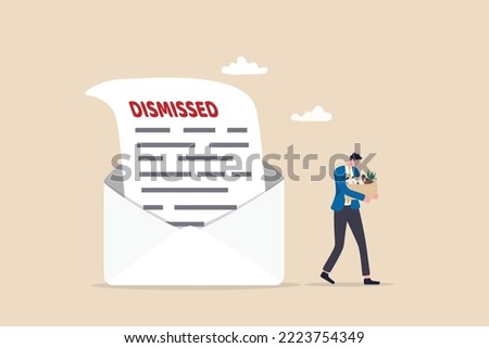 Layoff email sending to employee to inform job dismissed or fired, end career or staff layoff due to economic recession concept, unemployed businessman walk away from dismissed email with his stuff.