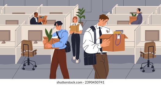 Despido, reducción del personal y concepto de despido. Despido de empleados despedidos, trabajadores de oficina que dejan la empresa, lugar de trabajo. Redacción de personal, reducción de personal, cortes de equipo. Ilustración vectorial plana