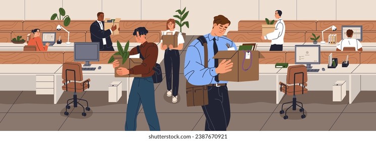 Layoff, staff reduction, dismissal, work loss concept. Fired dismissed discharged employees leaving office, carrying boxes, quitting. Sad jobless unemployed people, lost job. Flat vector illustration