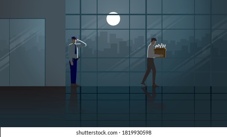 Layoff unemployed and fired business people leaving from his office building with his stuff box at night in dark and full moon light. Goodbye salute security officer. Economics crisis sadness scene.