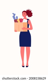 Layoff, Unemployment, Job Cuts Concept. A Young Sad Woman is Holding a Box of Things in Her Hands. Vector Illustration in Flat Cartoon Style.