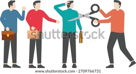 Layoffs, being fired, laid off or unemployed, massive layoffs at a company in a recession, hands holding scissors to cut off employees standing in a row

