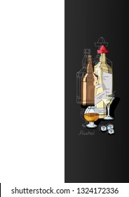 Layout for alcoholic menu. A bottle of tequila, whiskey, rum and glasses, ice on a gray-white background. Hand-drawn, color image.
