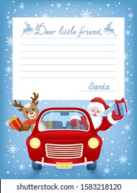 Layout answer for little friend from Santa Claus. Response from Santa Claus to Christmas wishlist. Christmas and New Year greetings from Santa Claus and deer riding red retro car.