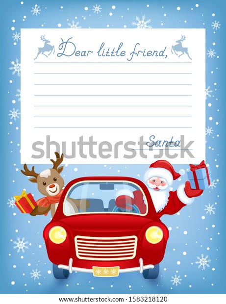 Layout answer\
for little friend from Santa Claus. Response from Santa Claus to\
Christmas wishlist. Christmas and New Year greetings from Santa\
Claus and deer riding red retro\
car.