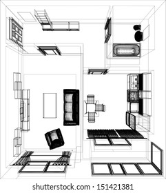 layout of the apartment. Wire-frame render on white background. EPS 10 vector format