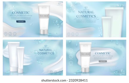 Layout of aqua fresh banners with natural skin care products. Blue ad posters with water drops, white cream smear and packaging design of organic hydration cosmetic products in realistic tubes 