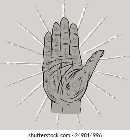 Layout of astrological planets in the palm of a person to predict, old style retro pic